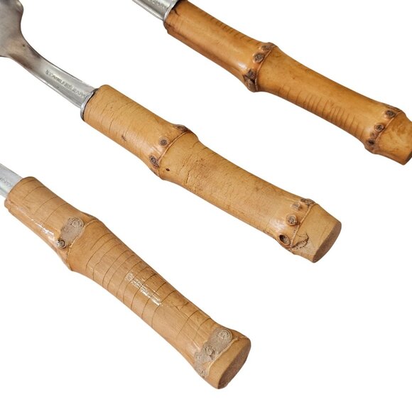 3 Bamboo Handle Grapefruit Spoon 6" vtg retro revival midcentury boho mixed mate - Picture 5 of 8